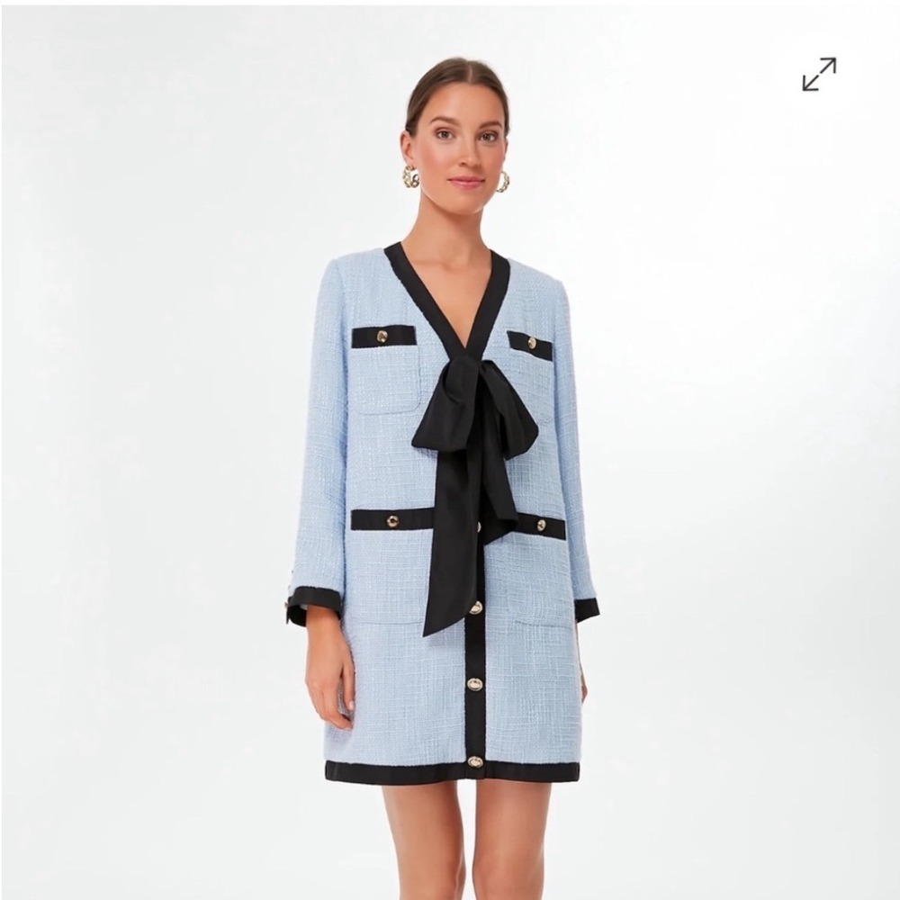 Pomander Place Light Blue Tweed Bow Shift Dress Gold Button XL Womens